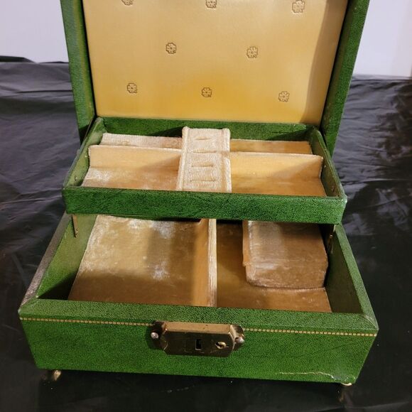 Vtg Green /gold Trim Music Jewelry Box Gokd Velvet Inside 2 Sections - Picture 11 of 14